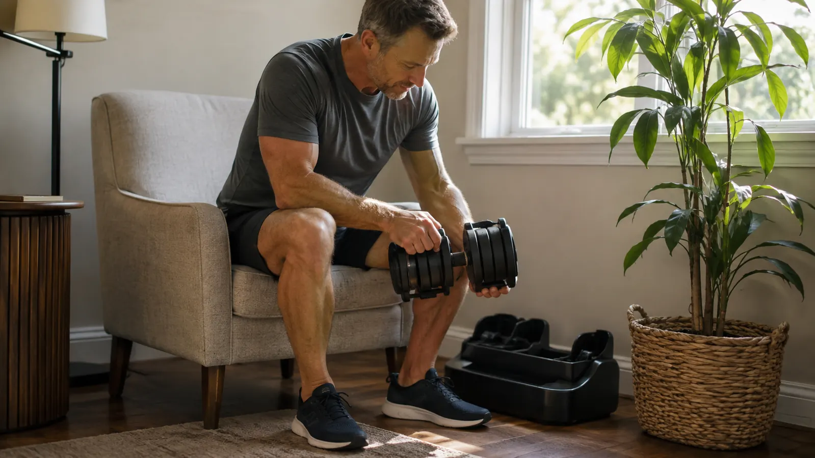 A tidy home workout corner with a compact pair of adjustable dumbbells tucked next to an armchair, morning light through a window