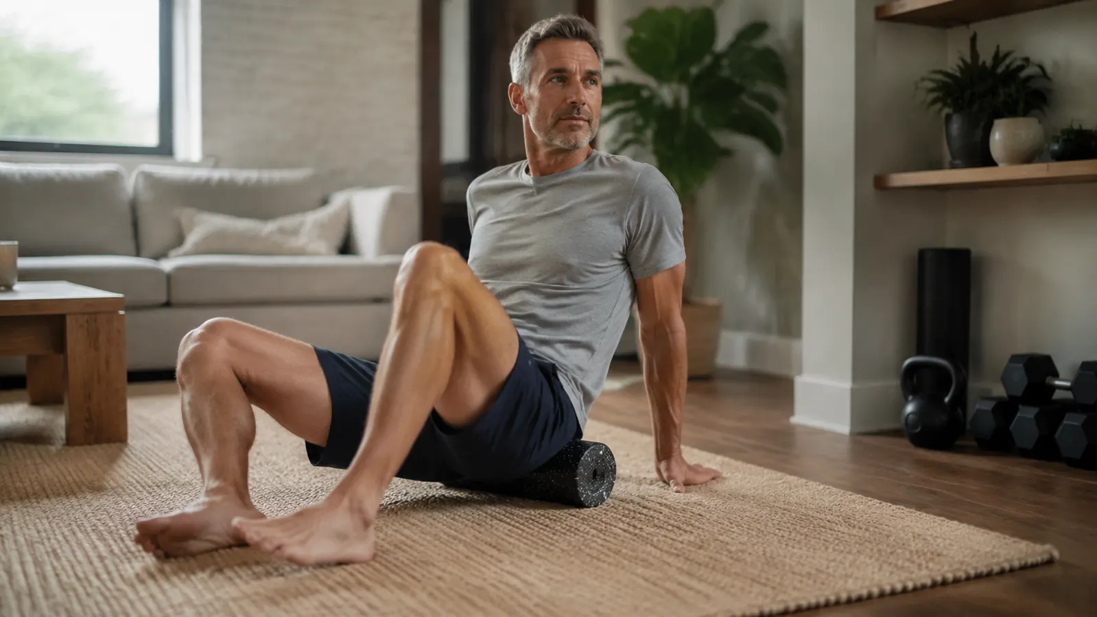 Man sitting on a foam roller on a living room rug, morning light streaming through the window, cozy home setting