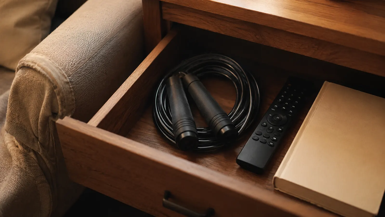 A small coiled jump rope sitting inside an open wooden drawer next to a remote control and a book, showing how compact it stores