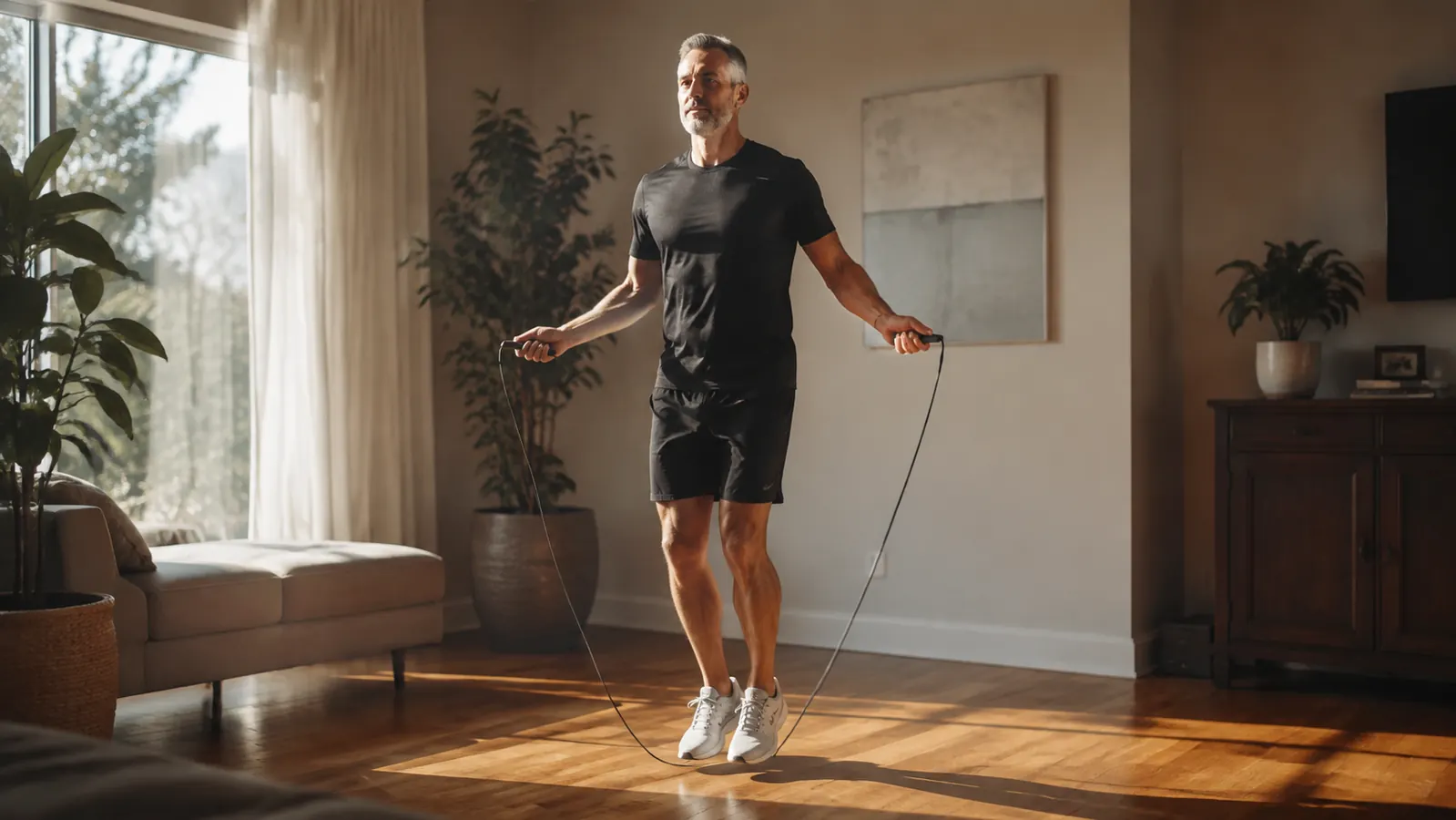 A man jumping rope in a bright living room with hardwood floors wearing casual clothes and sneakers, morning light coming through a window