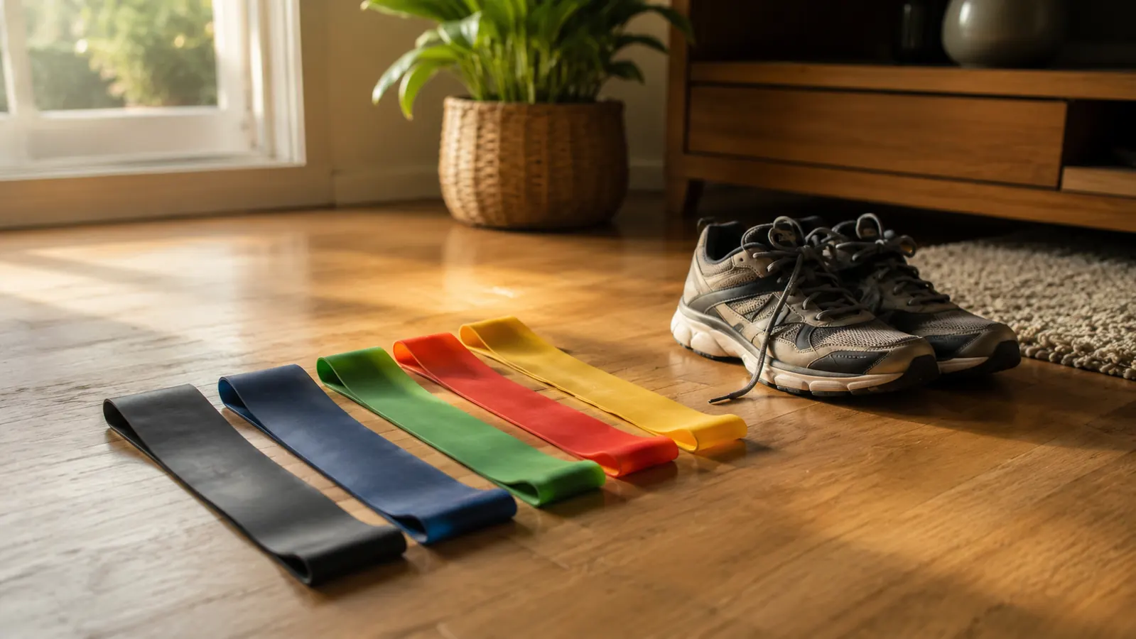 A set of five colored resistance loop bands laid out on a wooden floor next to running shoes in a home living room with morning light