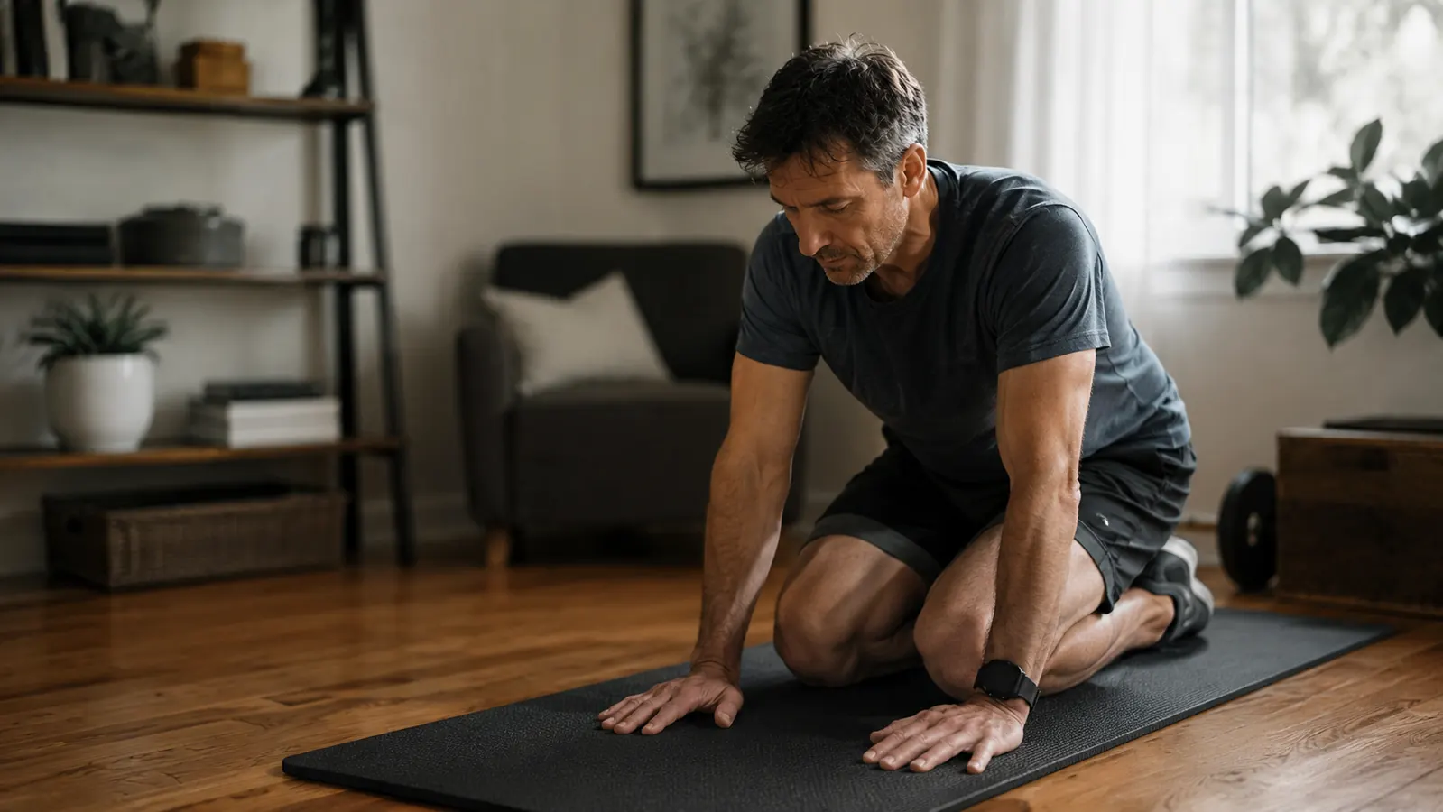 Man kneeling on a thick exercise mat in a sunlit living room, doing a hip flexor stretch on hardwood floors
