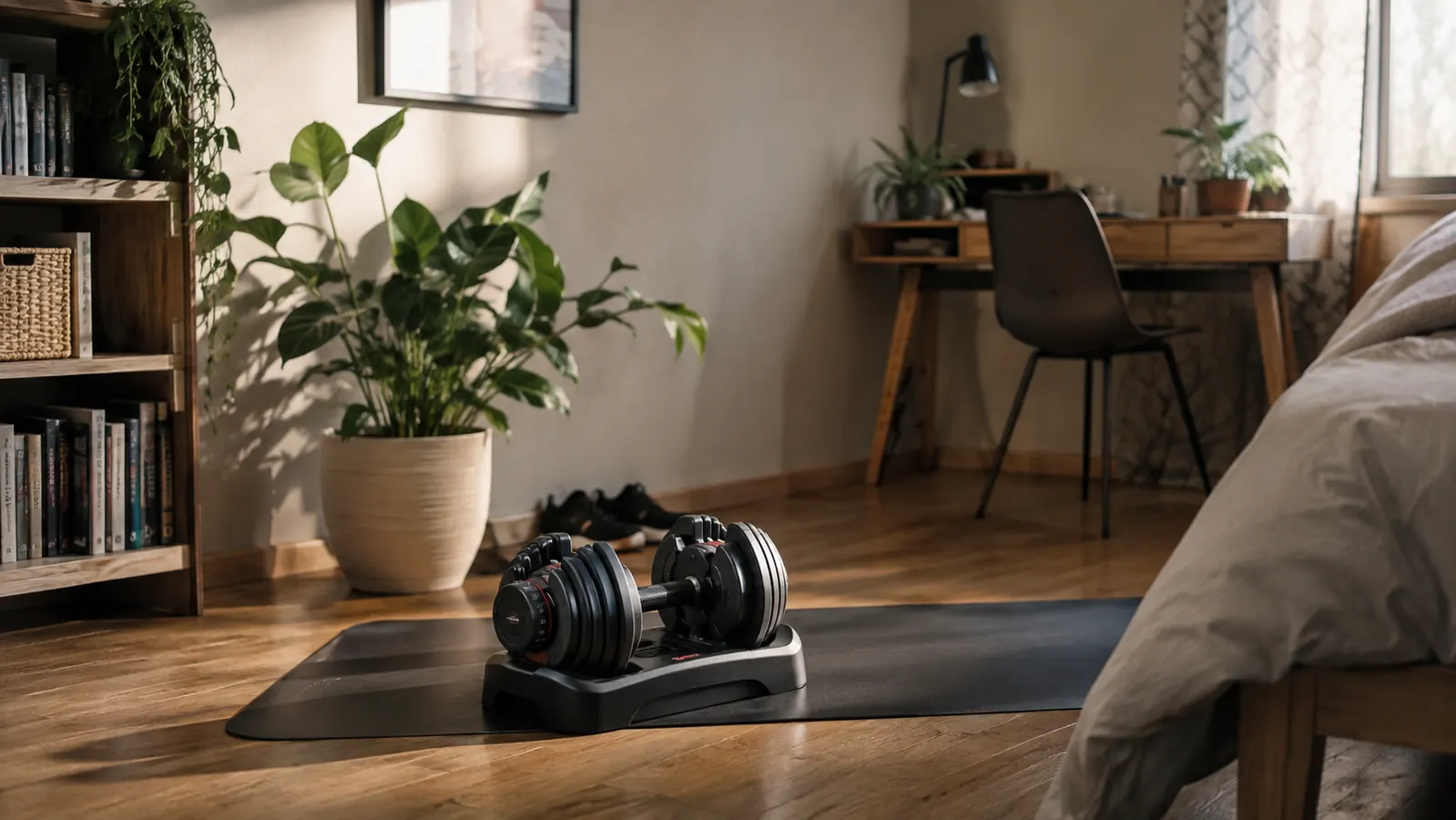 Home workout corner in a small bedroom with dumbbells on a mat, natural light from a window, cozy living space around it