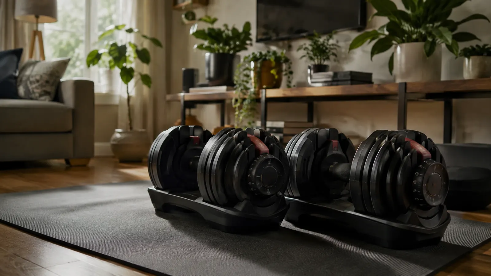 A pair of adjustable dumbbells resting on a soft exercise mat in a modest home living room, morning light through window, houseplants nearby