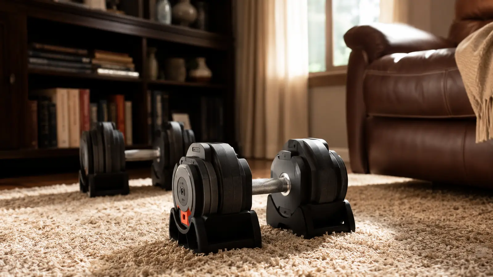 A pair of adjustable dumbbells resting on a living room carpet next to a bookshelf, warm afternoon sunlight coming through a window