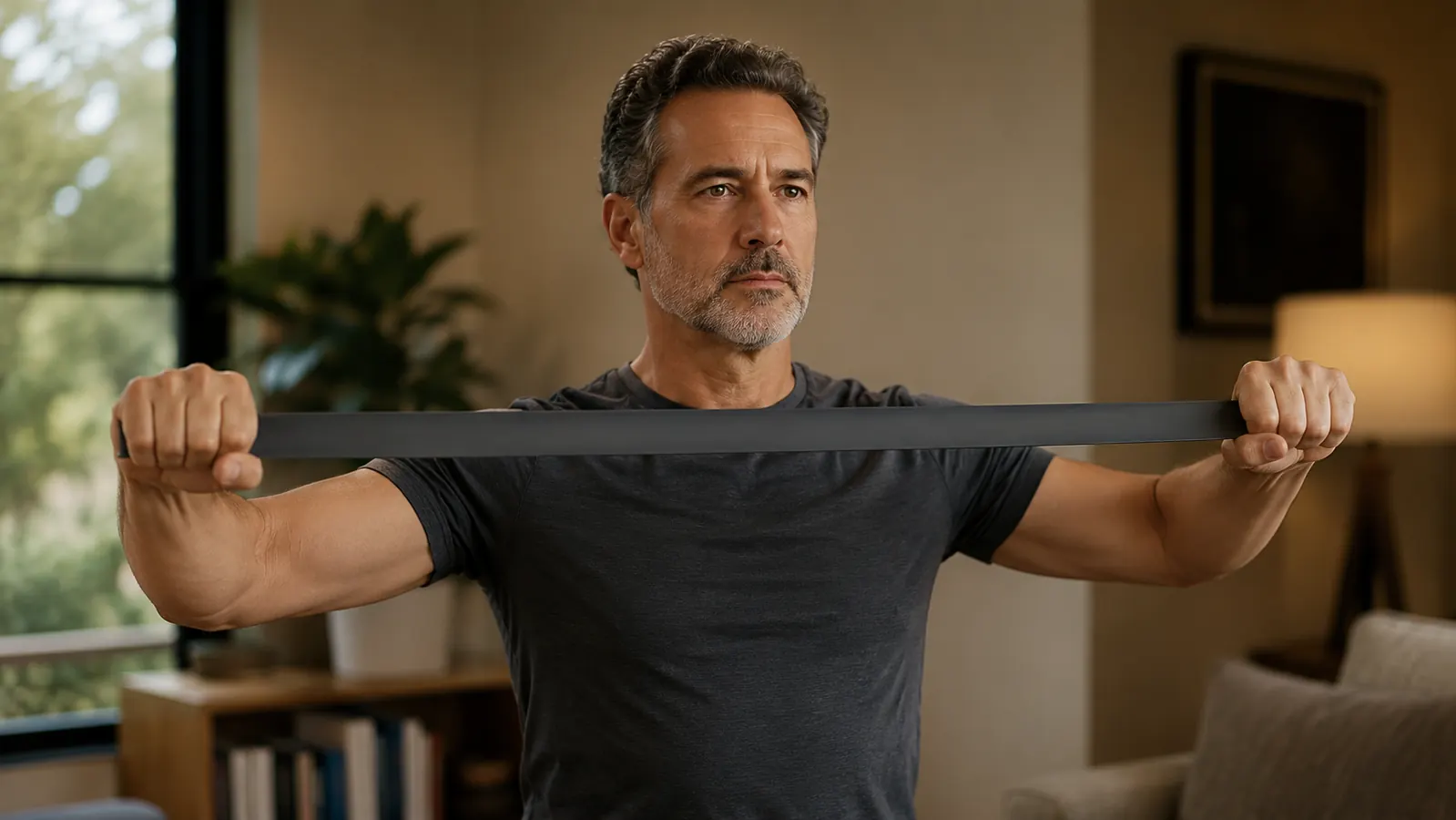 Hands holding a resistance band with both hands near shoulder height, band stretched to chest width, demonstrating the starting position of a chest press