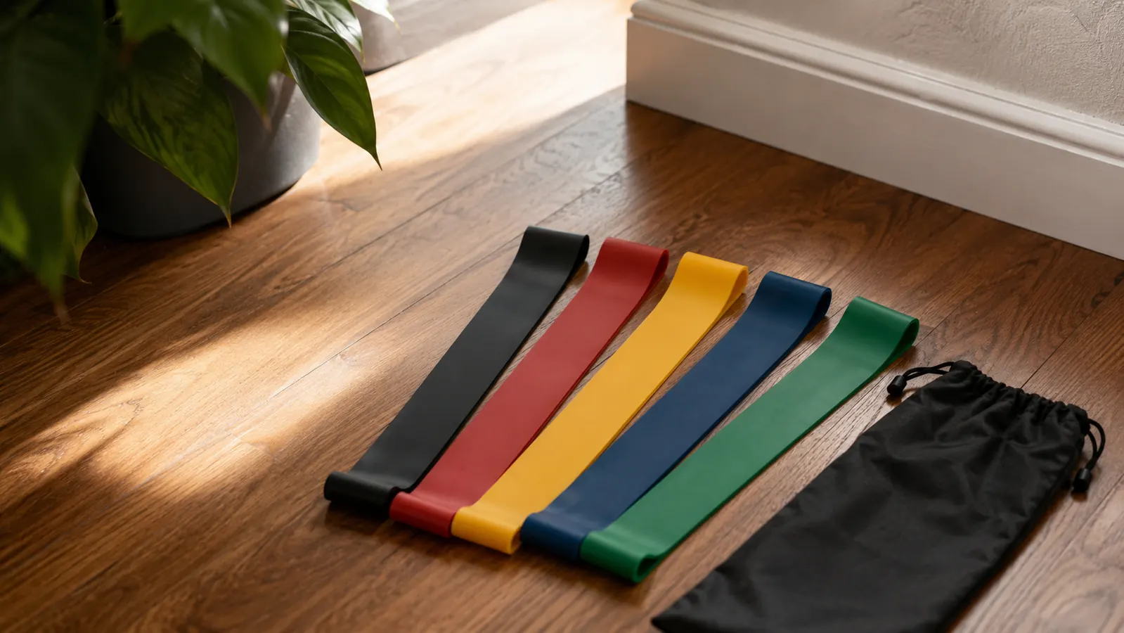 Five resistance loop bands of different widths spread on a wood floor beside a small black carry pouch, soft morning light
