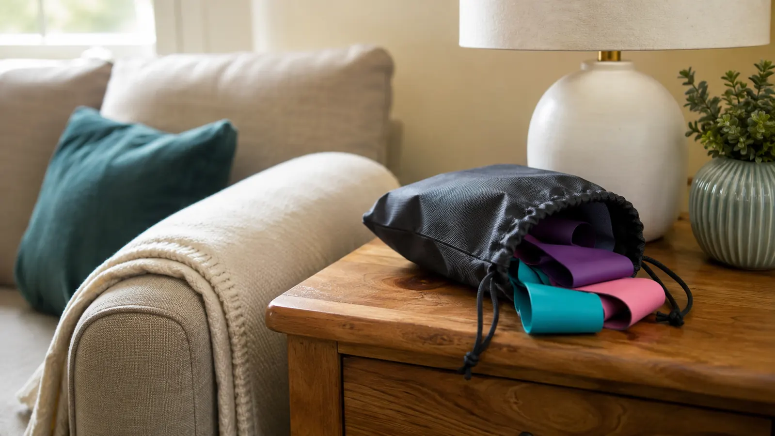 A small drawstring bag containing rolled resistance bands sitting on an end table next to a couch in a living room