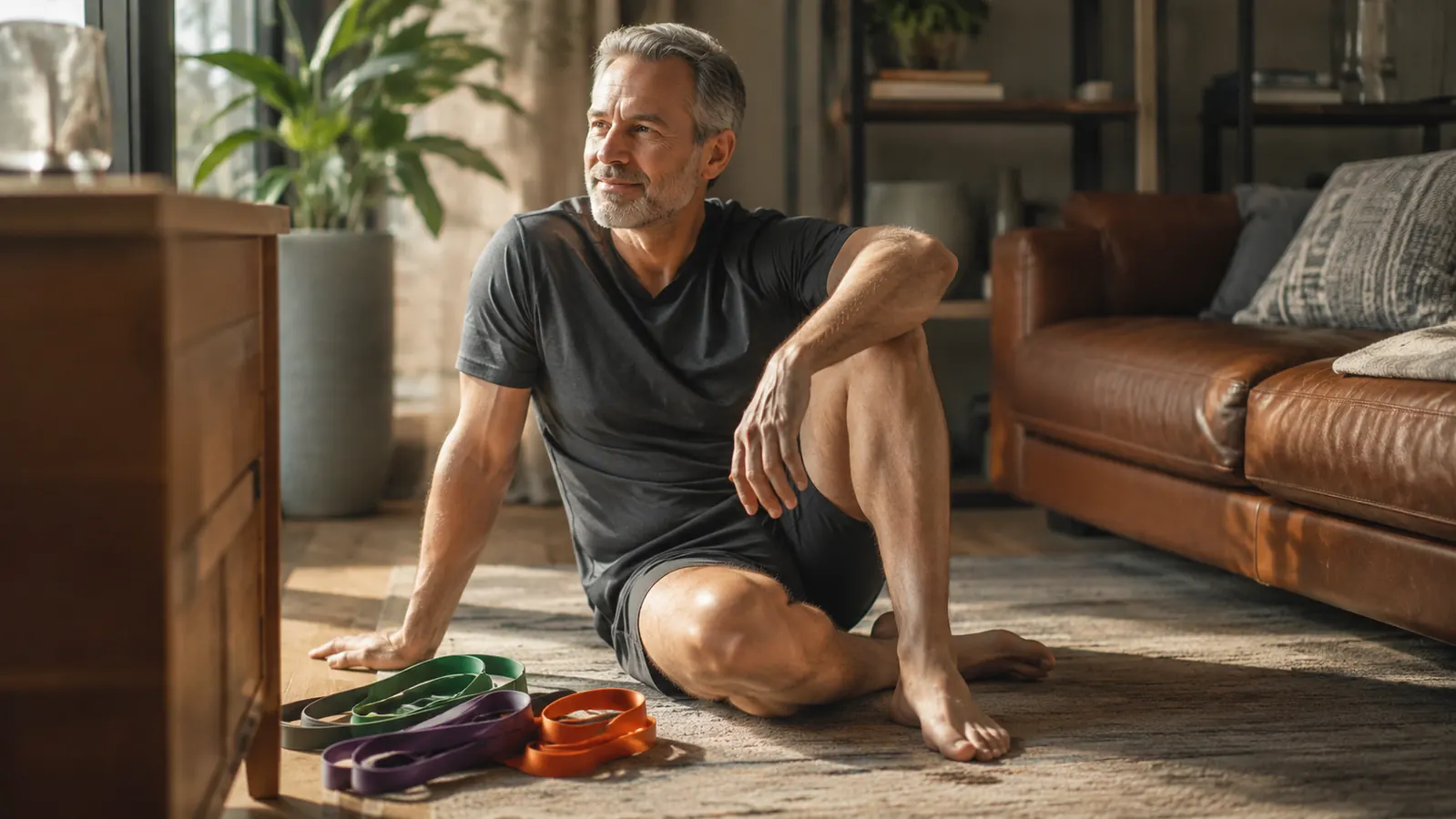 A man sitting on a living room floor with colored resistance bands spread out beside him, early morning light coming through a window, comfortable home setting