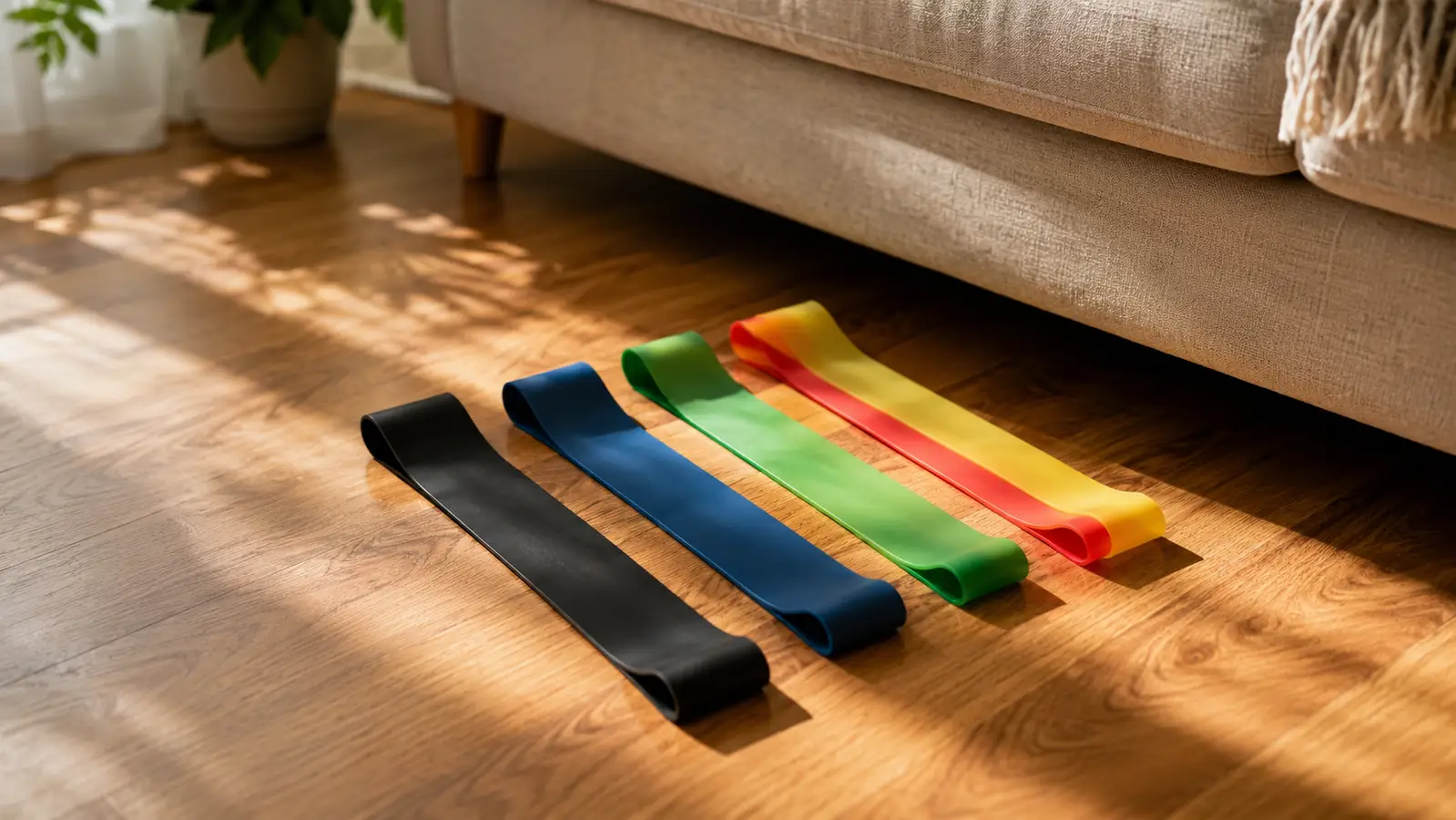 Five resistance loop bands laid out on a hardwood living room floor near a couch, soft afternoon light through a window