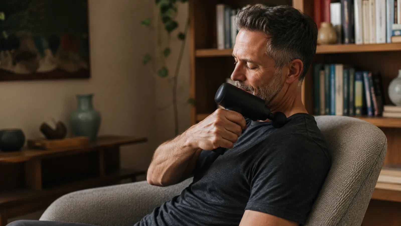 A person sitting in a living room armchair holding a percussion massage gun to their shoulder, afternoon light through a window