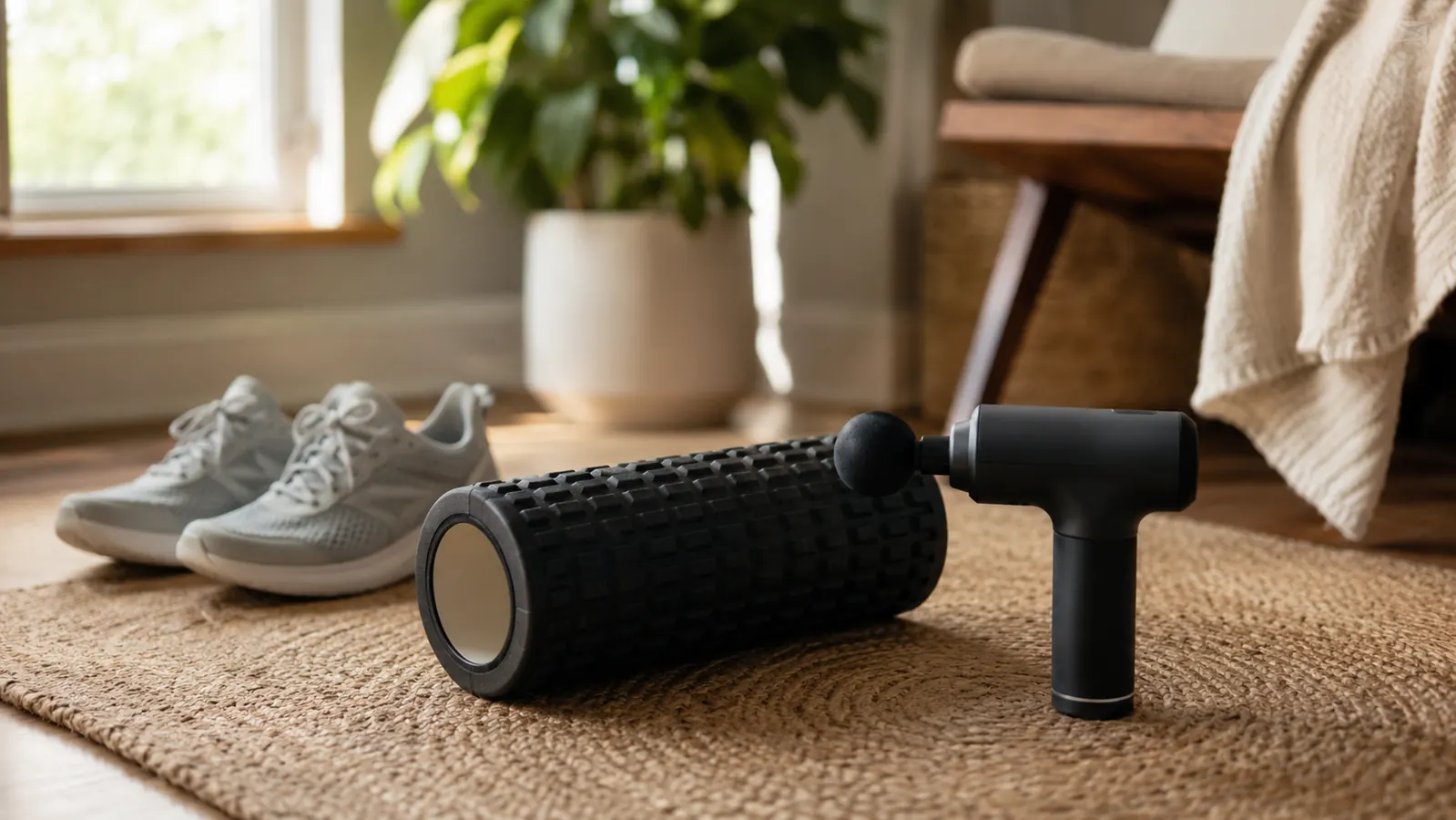 A foam roller and a massage gun side by side on a living room rug next to a pair of workout shoes, home exercise corner setting