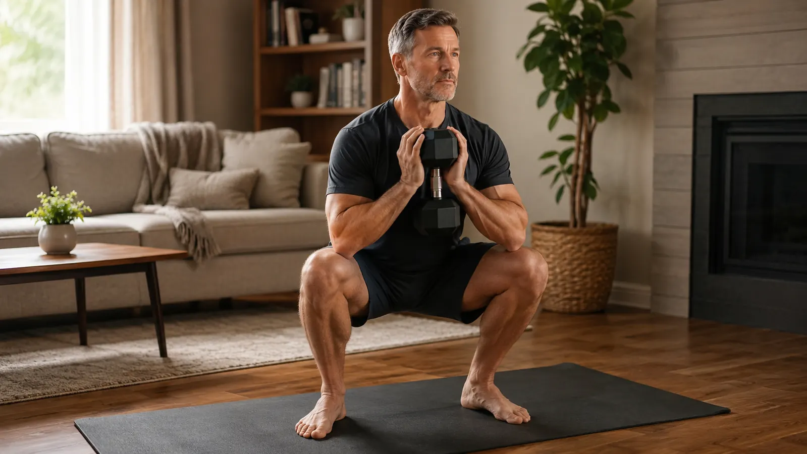 A man in his forties in a home living room performing a goblet squat holding a single dumbbell at chest height, feet shoulder-width apart, natural daylight, casual home setting