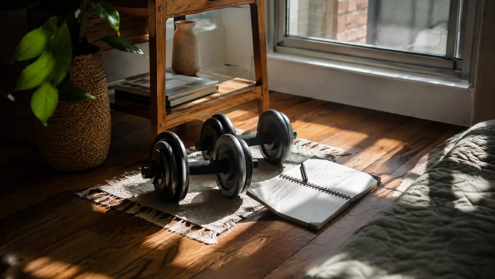 A pair of adjustable dumbbells on a living room floor next to a small wooden side table, warm morning light coming through a window, a notebook and pen beside them, clean and organized home workout corner