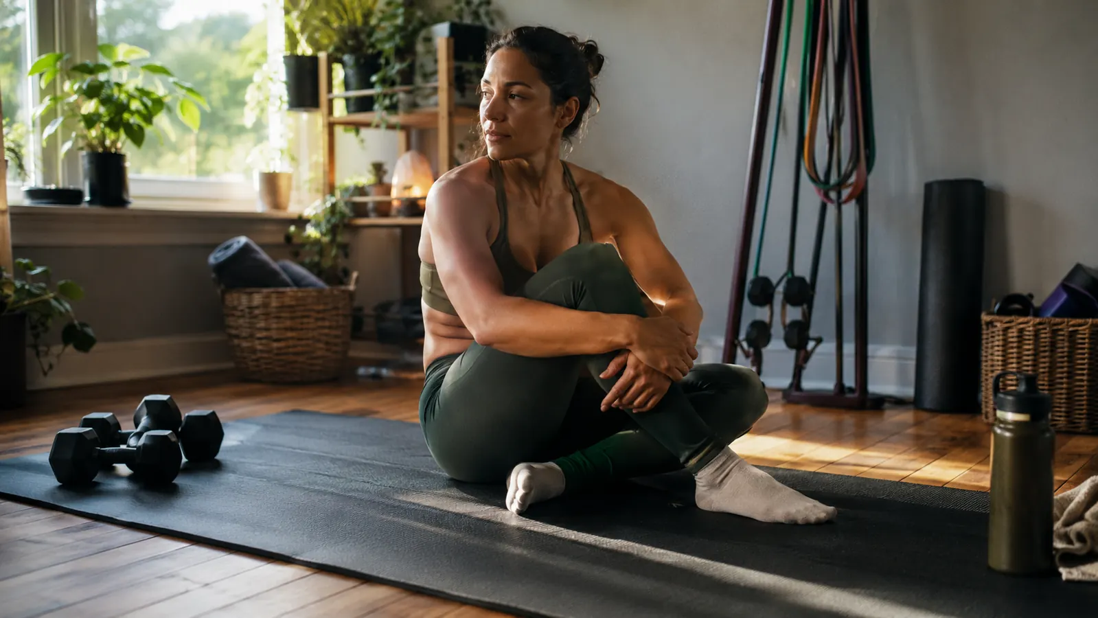 Home exercise setup on a hardwood floor with a thick exercise mat, natural light from a nearby window, weights and bands stored neatly to the side