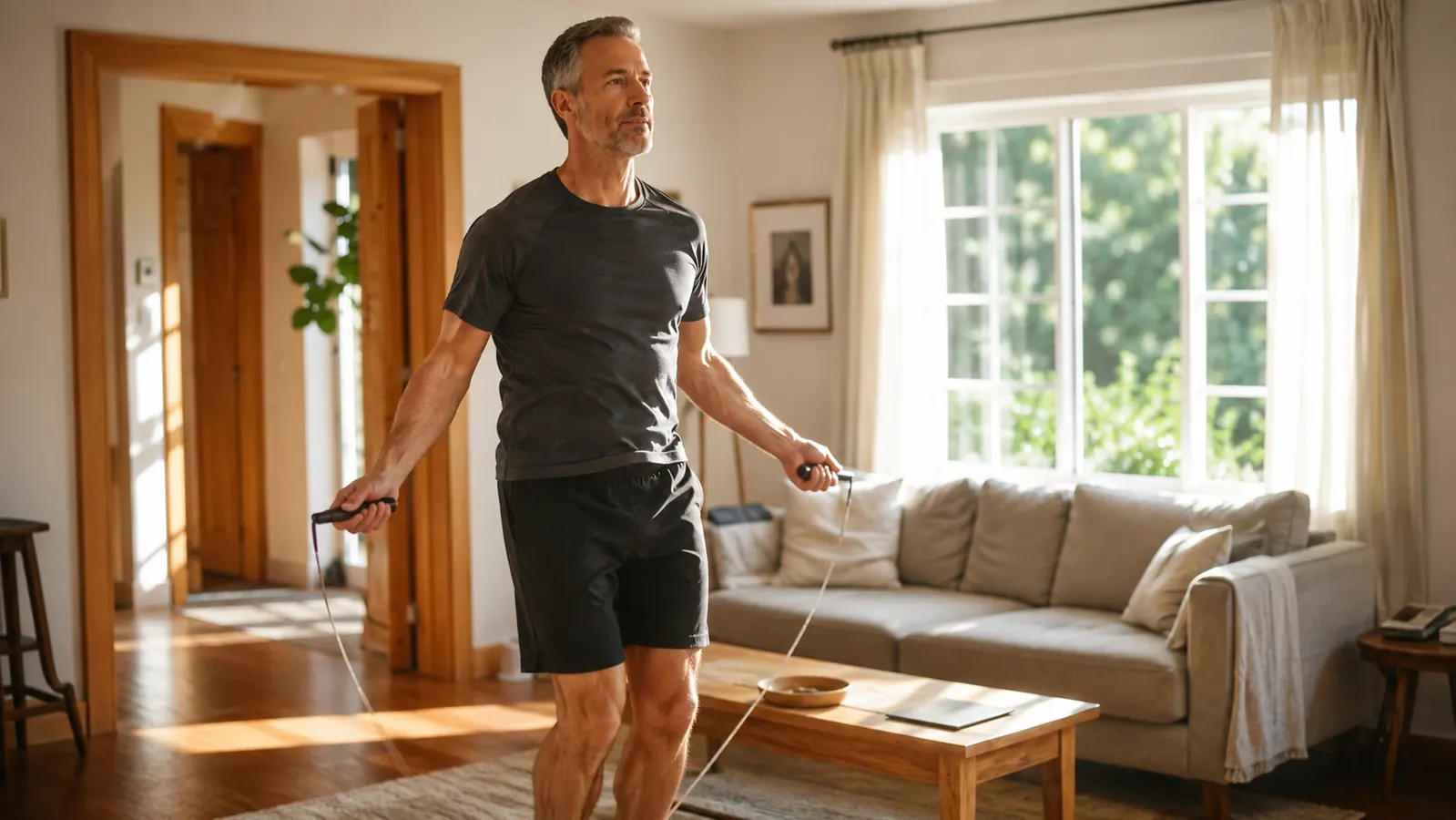 A man jumping rope in a cozy living room with hardwood floors, morning sunlight streaming through a window, wearing shorts and a t-shirt, home exercise setup