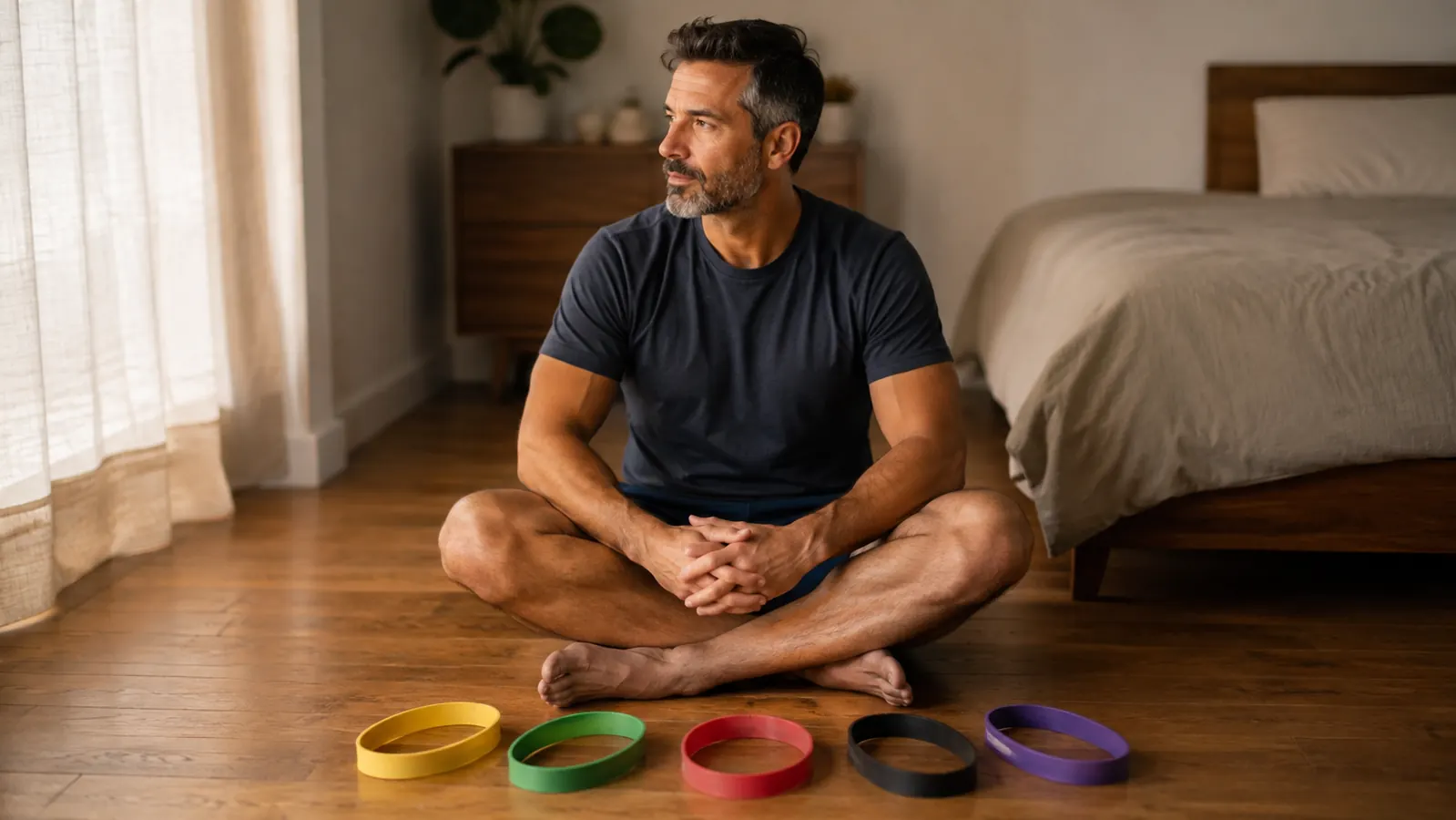 A man in his forties sitting on a bedroom floor with five colored resistance bands spread in front of him, soft morning light coming through a window, calm atmosphere