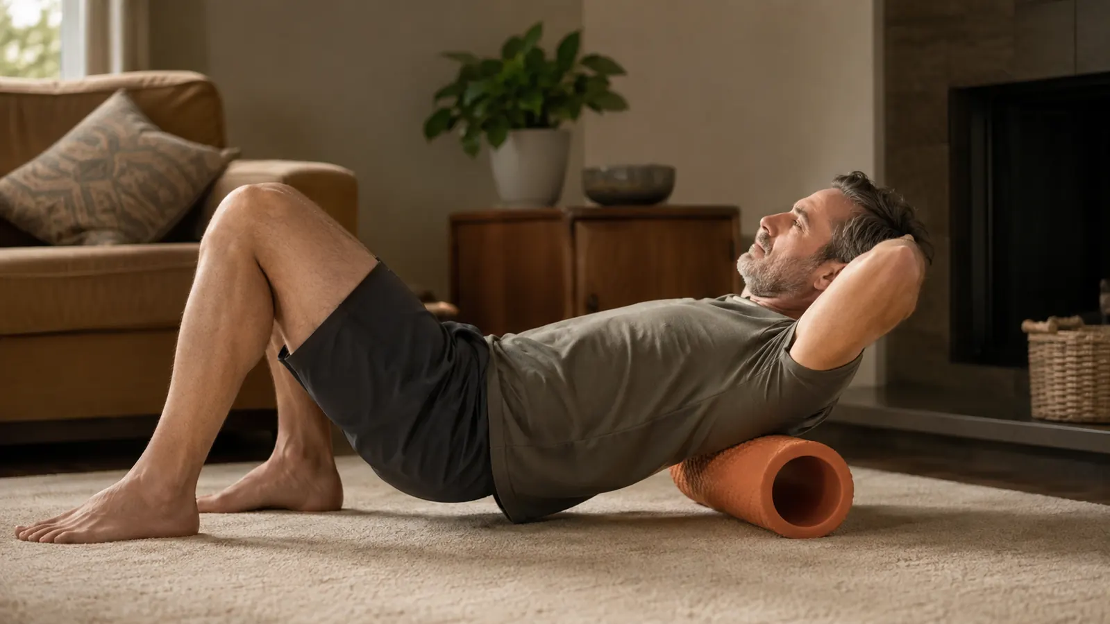 A man sitting on a living room floor, using a foam roller under his upper back with his hands behind his head, soft morning light coming through a window