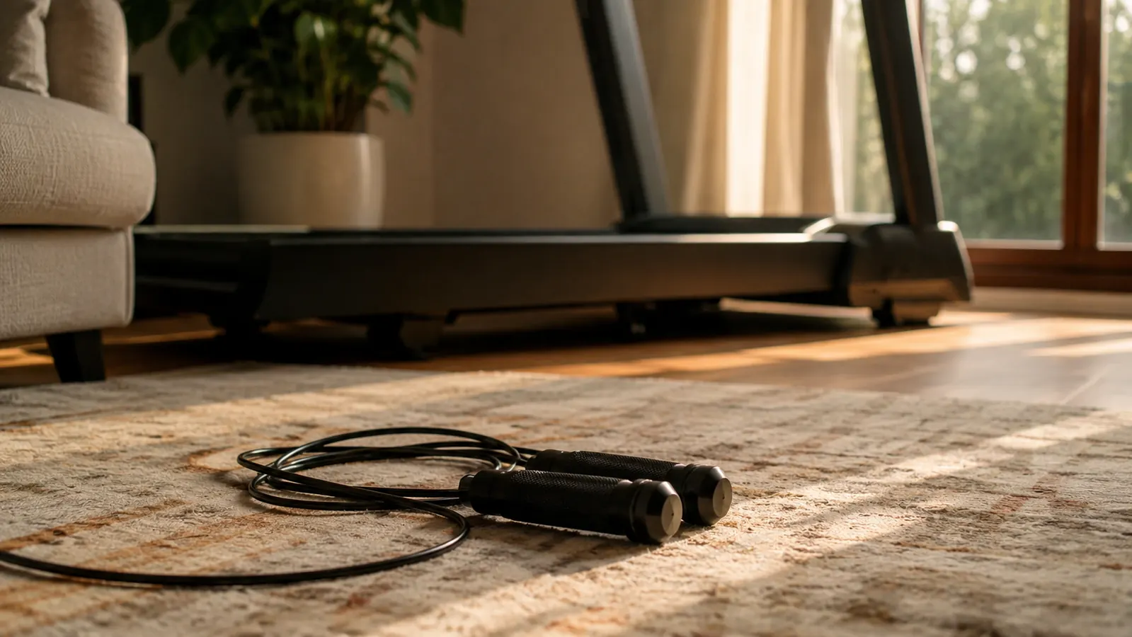 Jump rope resting on a living room rug next to a treadmill in the background, warm morning light