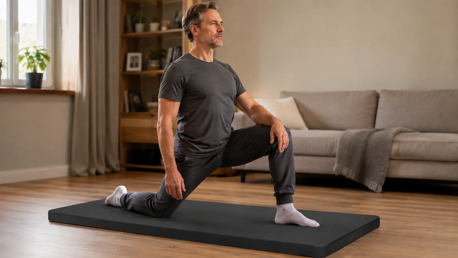 A person in a t-shirt and shorts doing a kneeling stretch on an exercise mat on a hard floor at home