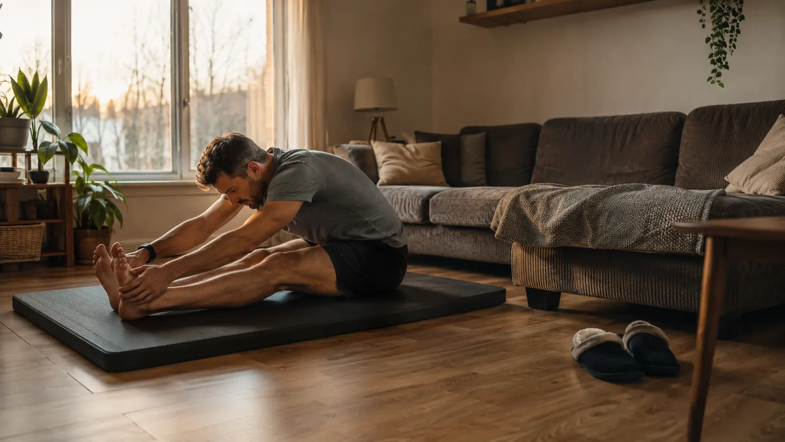 A thick foam exercise mat rolled out on a laminate living room floor next to a couch, evening light from a nearby window
