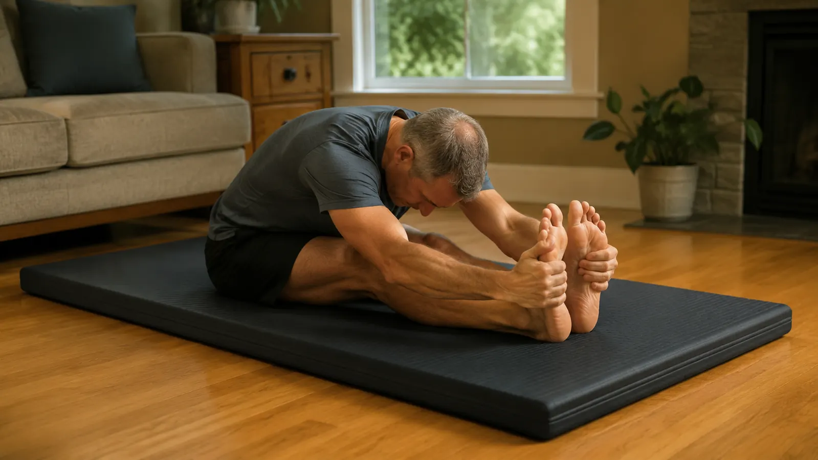 A person doing a seated core stretch on a thick exercise mat in a home living room