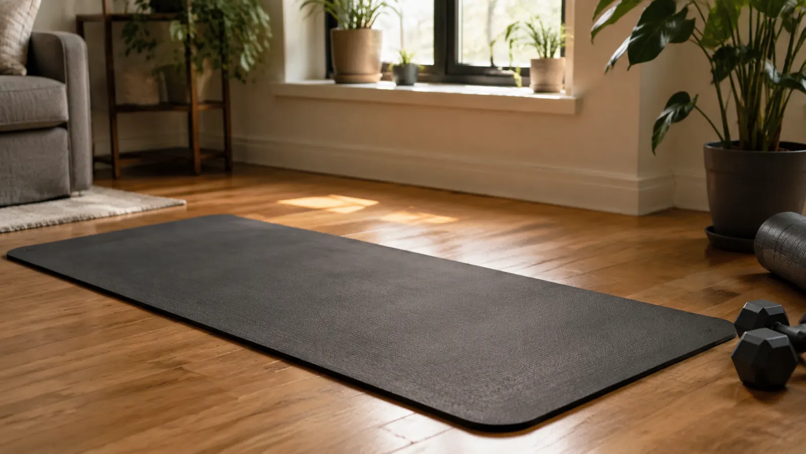 A thick exercise mat laid out on a hardwood living room floor in a home with natural morning light