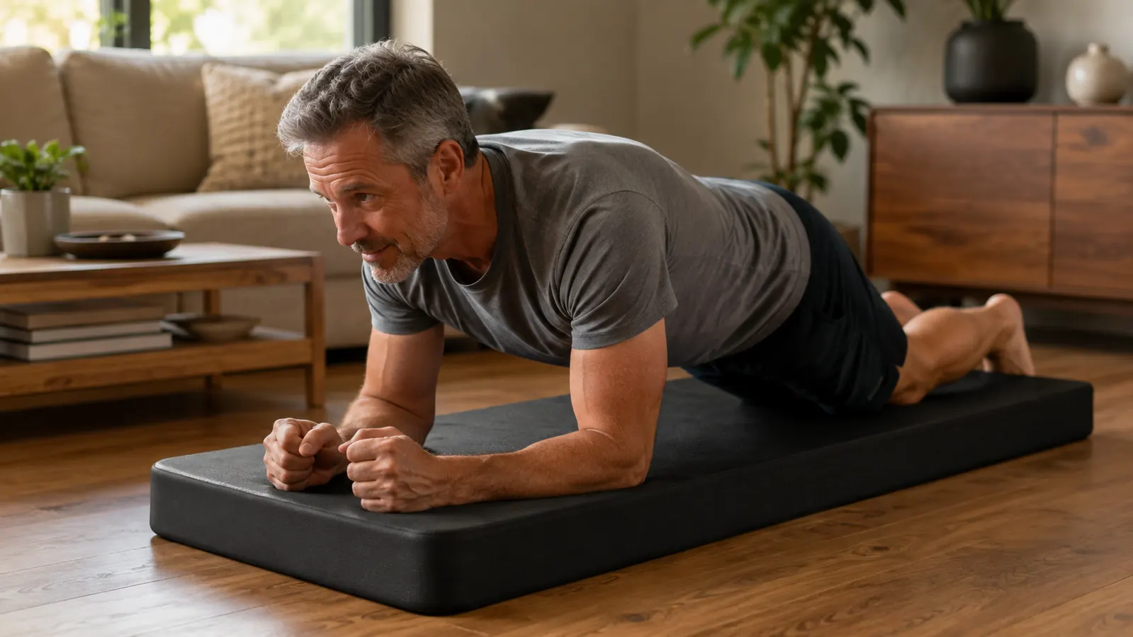 Person performing a kneeling plank on a thick exercise mat in a living room, hands and knees pressing into the foam cushioning