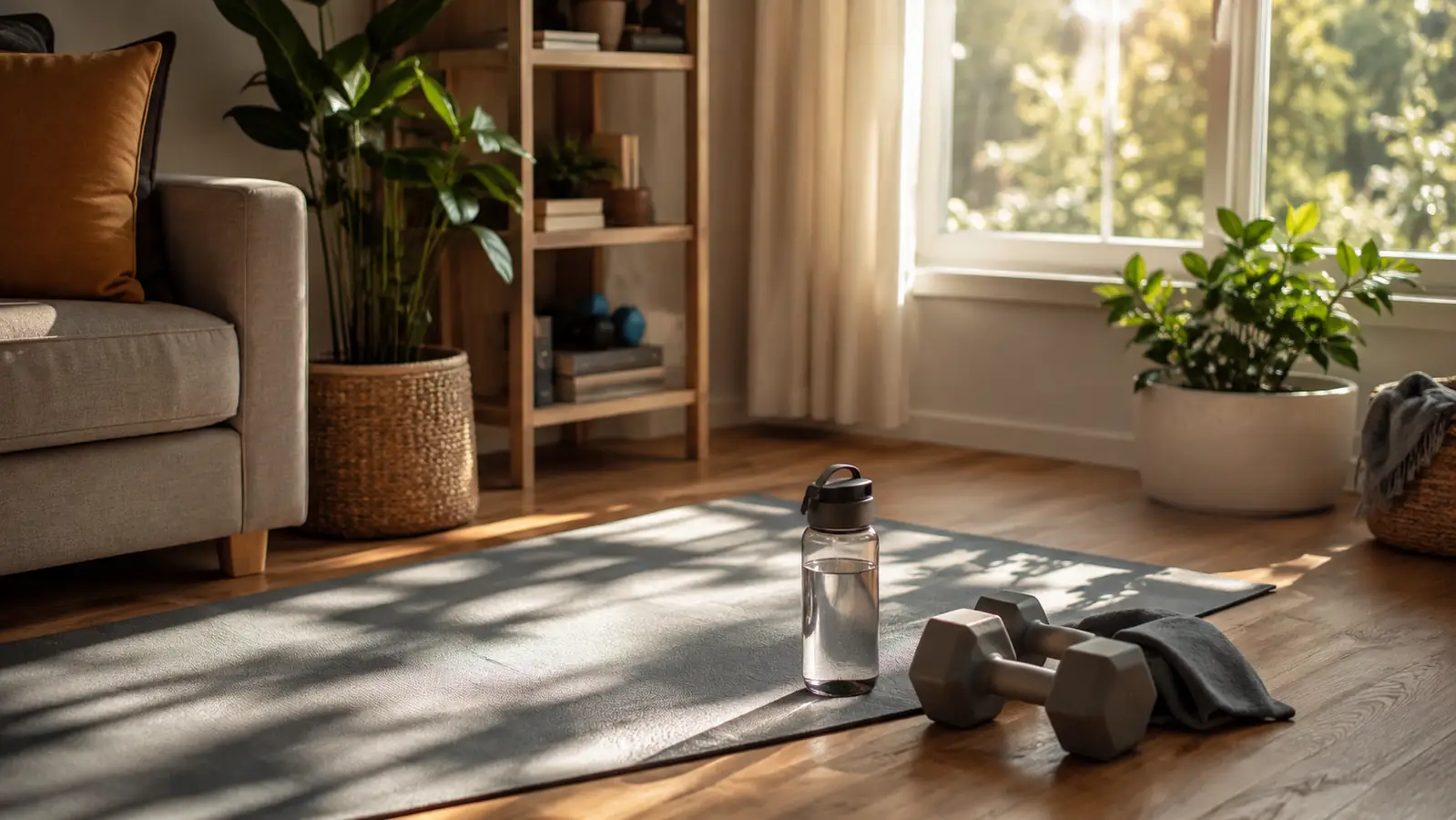 A thick exercise mat rolled out on a hardwood living room floor near a sunlit window, with a water bottle and small dumbbells beside it