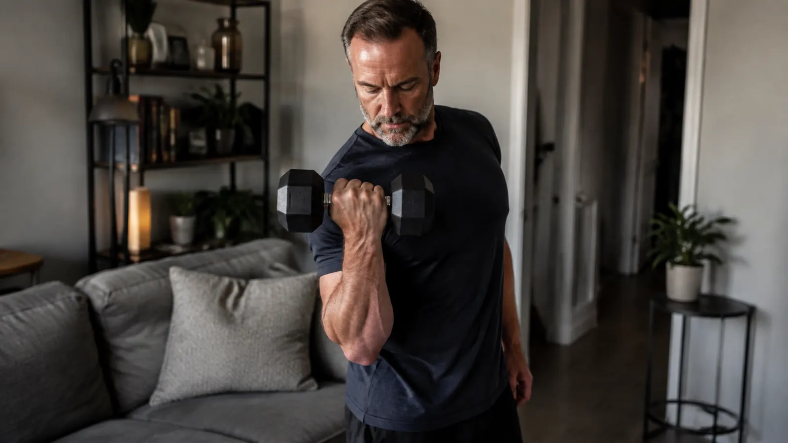 A person doing a bicep curl with a single dumbbell next to a couch in a small living room, showing space constraints