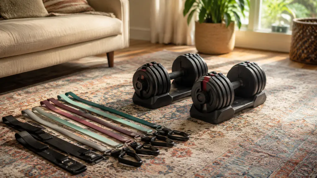 Pair of resistance bands and a set of adjustable dumbbells sitting on a living room rug near a couch, morning light through a window