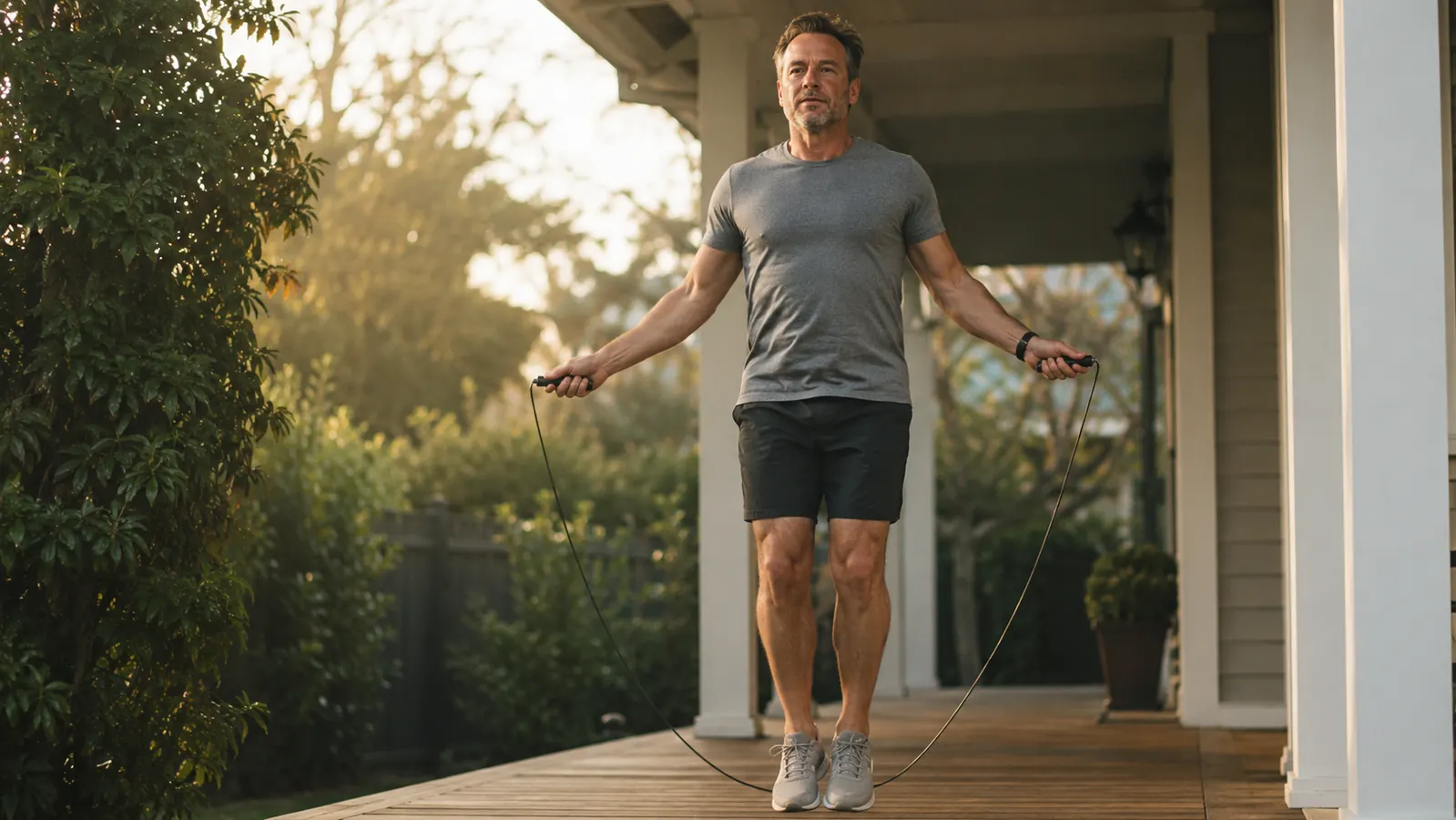 A man jumping rope on a porch in the morning, wearing casual home clothes, soft light coming through the screen door