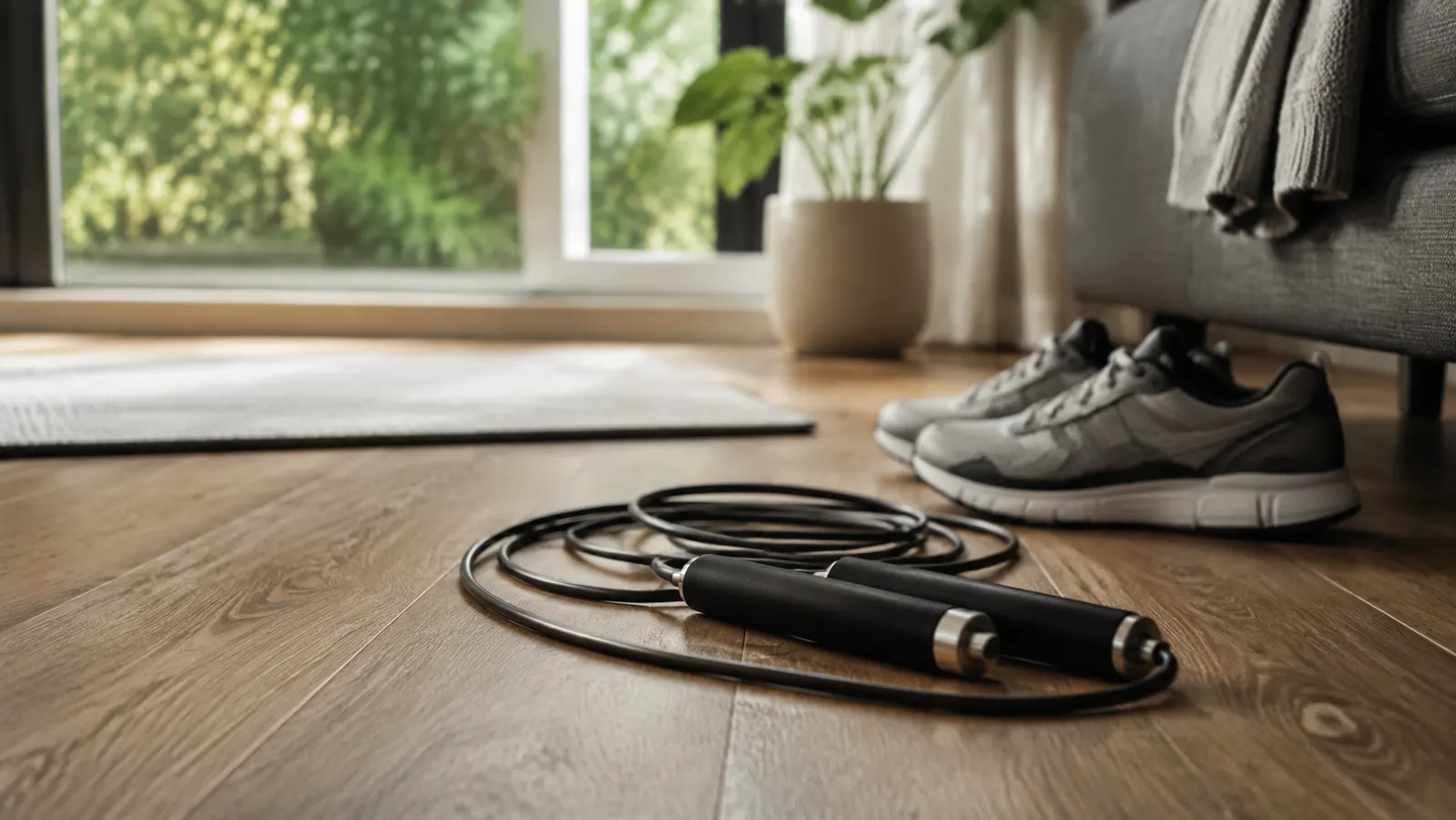 A jump rope lying on a wooden living room floor next to a pair of athletic shoes, soft morning light from a window