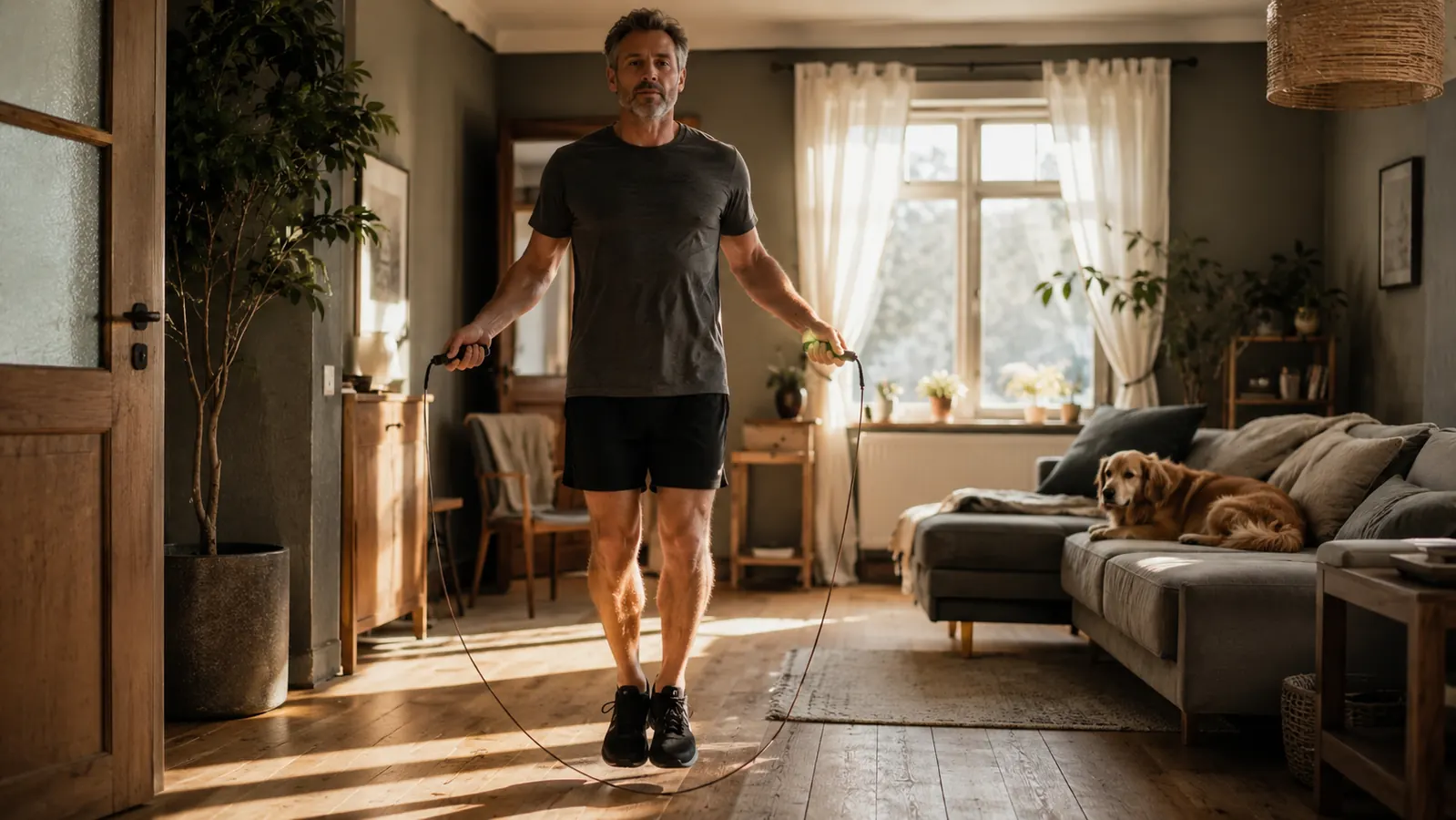 A man jumping rope in a sunlit living room with a dog watching from the sofa, early morning light through the window