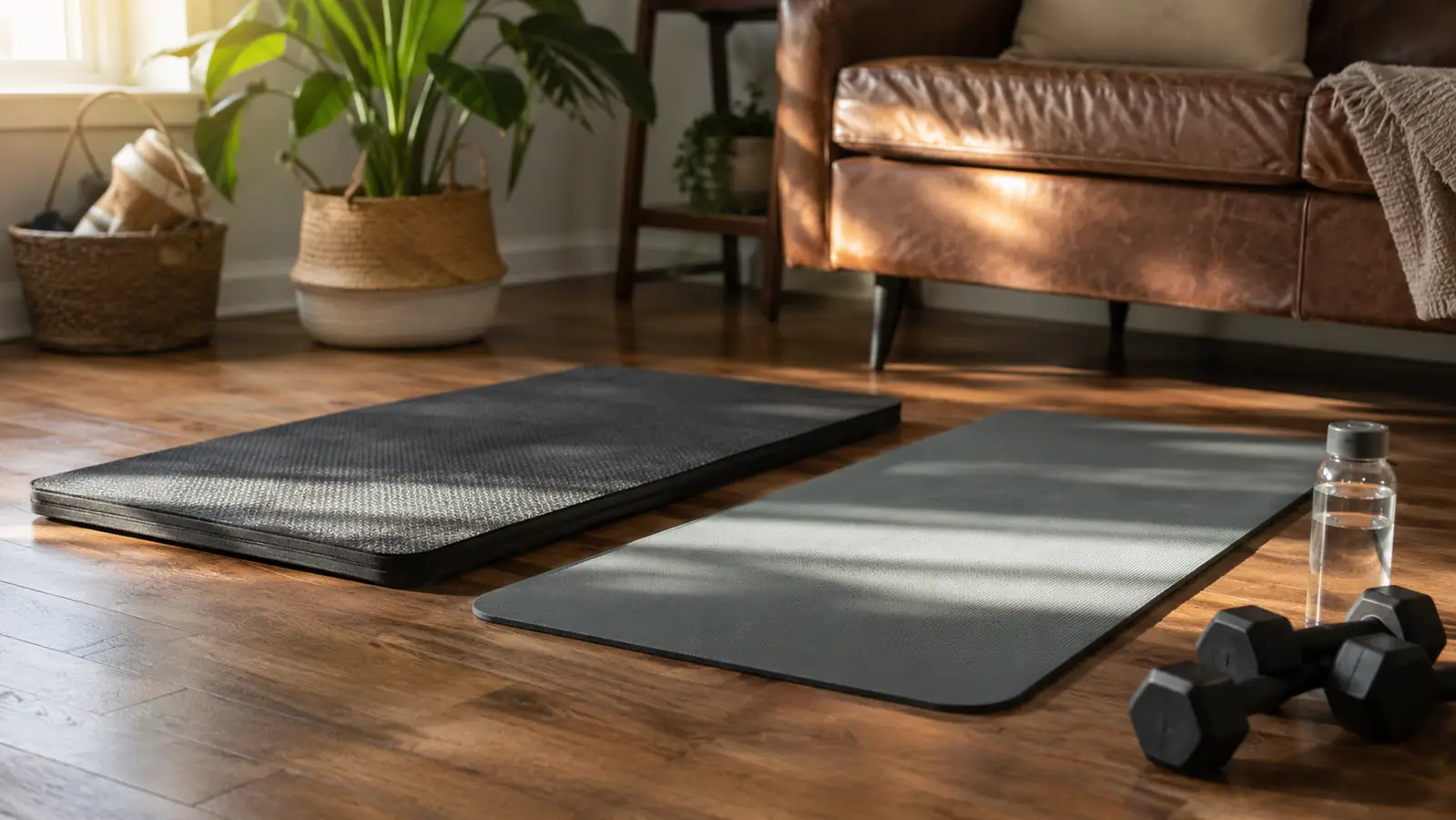 Two exercise mats side by side on a living room floor, one thick and one thin, with a pair of dumbbells and a water bottle nearby