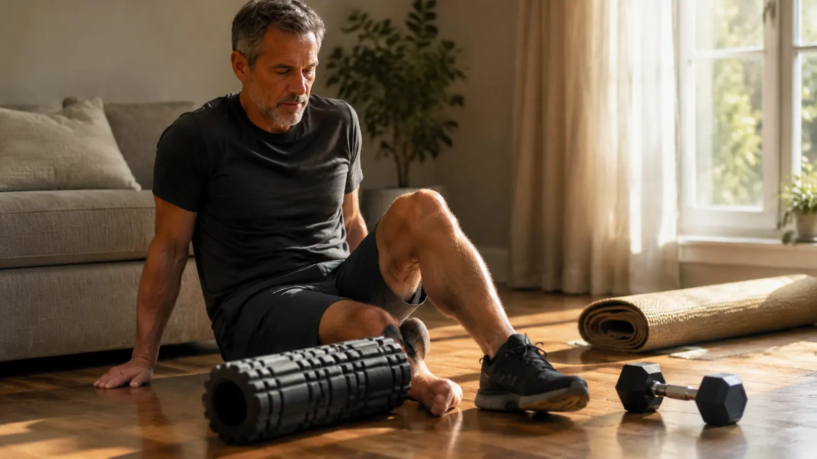 A foam roller on a hardwood floor next to a dumbbell and a woven exercise mat in a home living room, soft natural light through a window