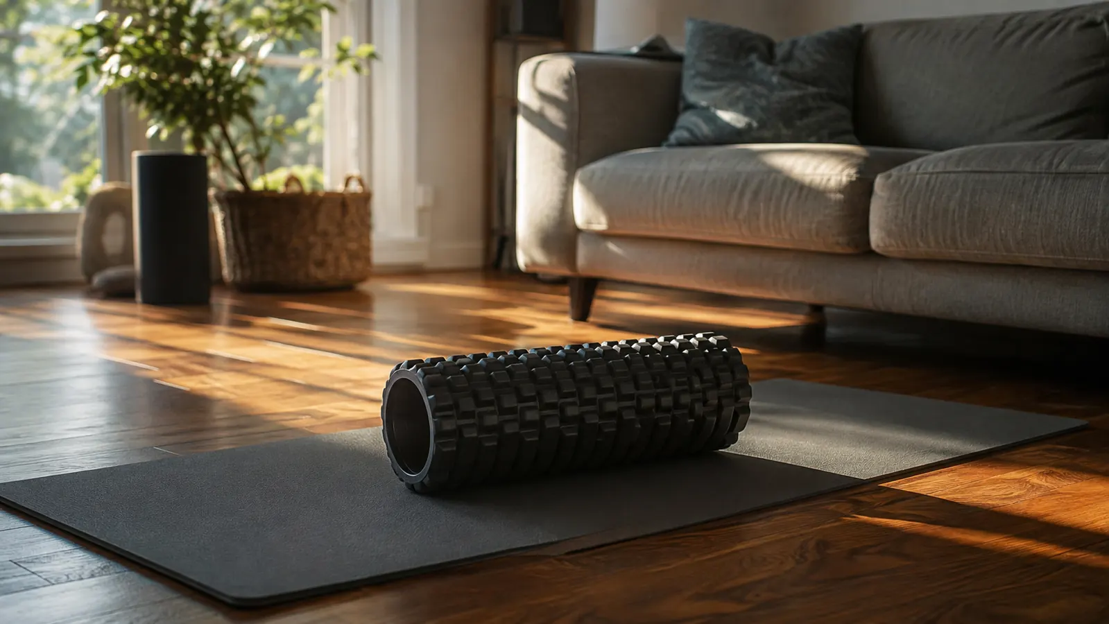 A foam roller on a thick exercise mat on a living room floor near a couch, morning light from a window creating soft shadows on the hardwood
